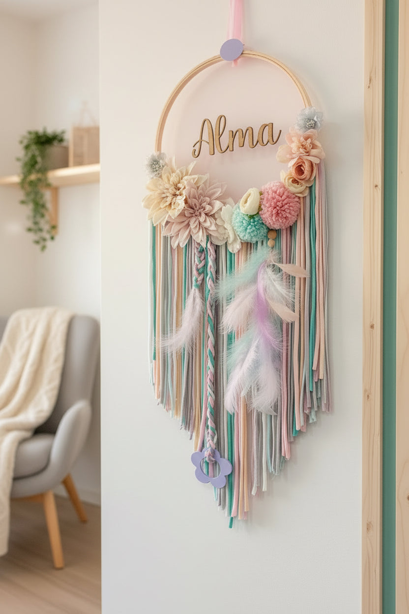 Atrapasueños artesanal personalizado para decorar habitación infantil