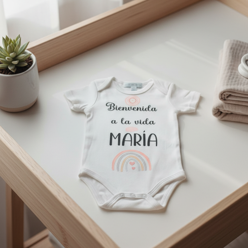 Body de bebé personalizado con mensaje de bienvenida rosa