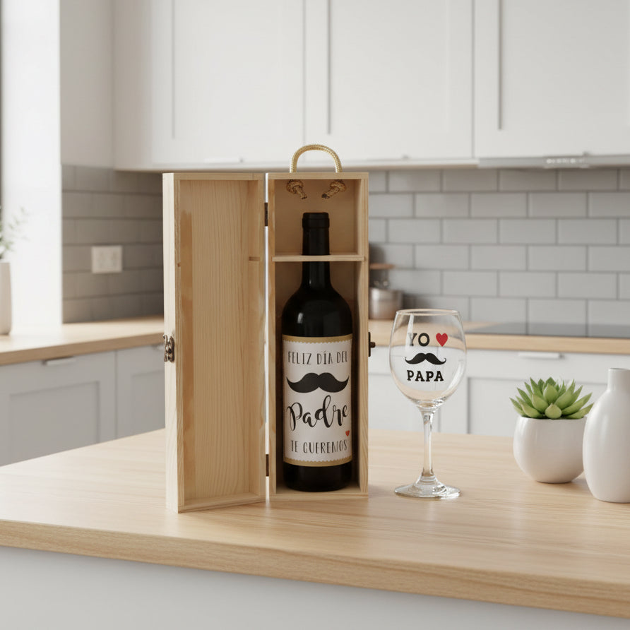 Caja de madera para vino con copa personalizada grabada