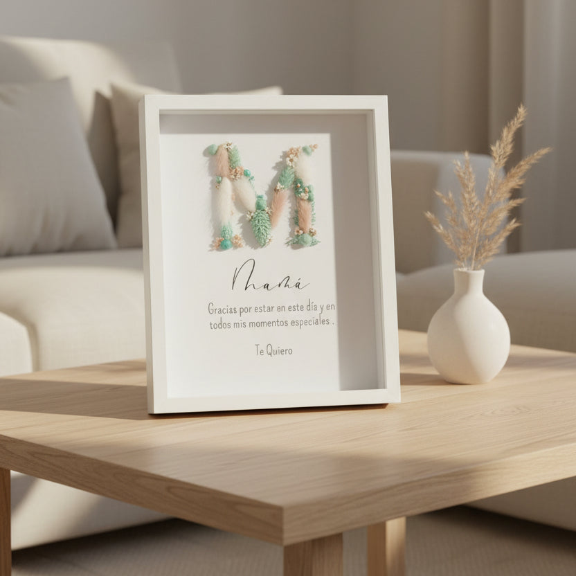 Marco decorativo con inicial y flores preservadas