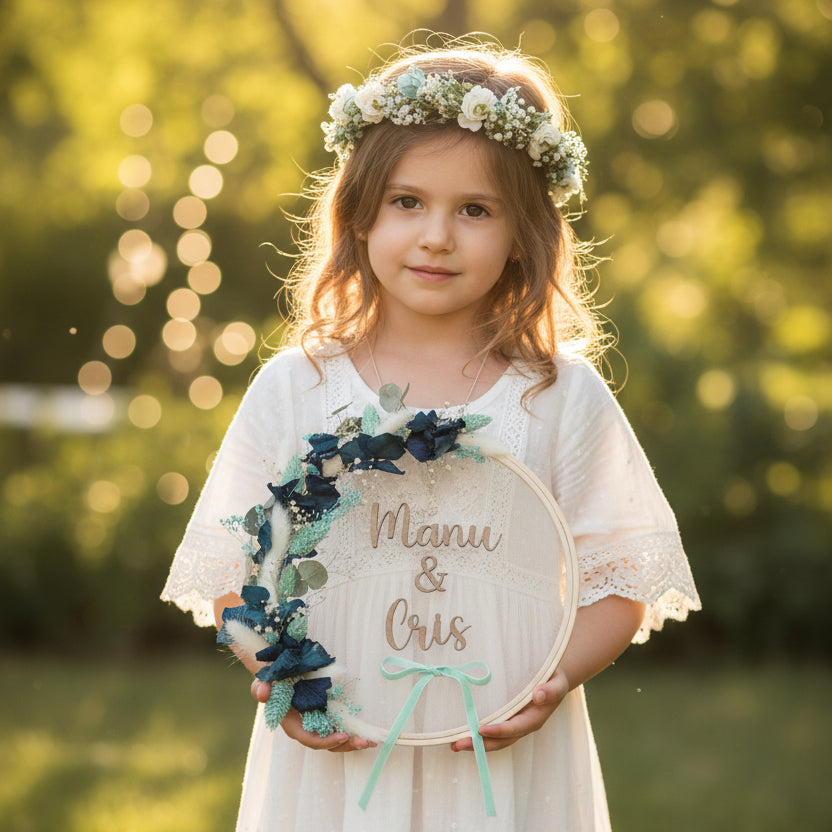 Porta alianzas con flores preservadas azules para boda