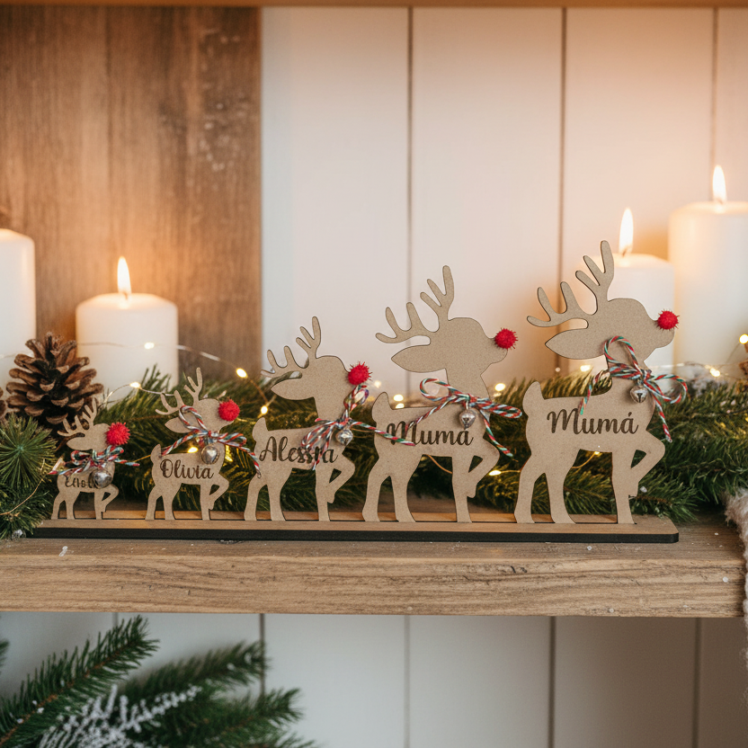 Familia de renos de madera personalizados para Navidad