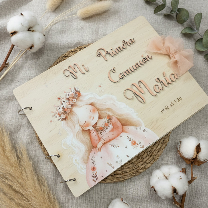 Álbum de fotos y firmas de madera para comunión, modelo María