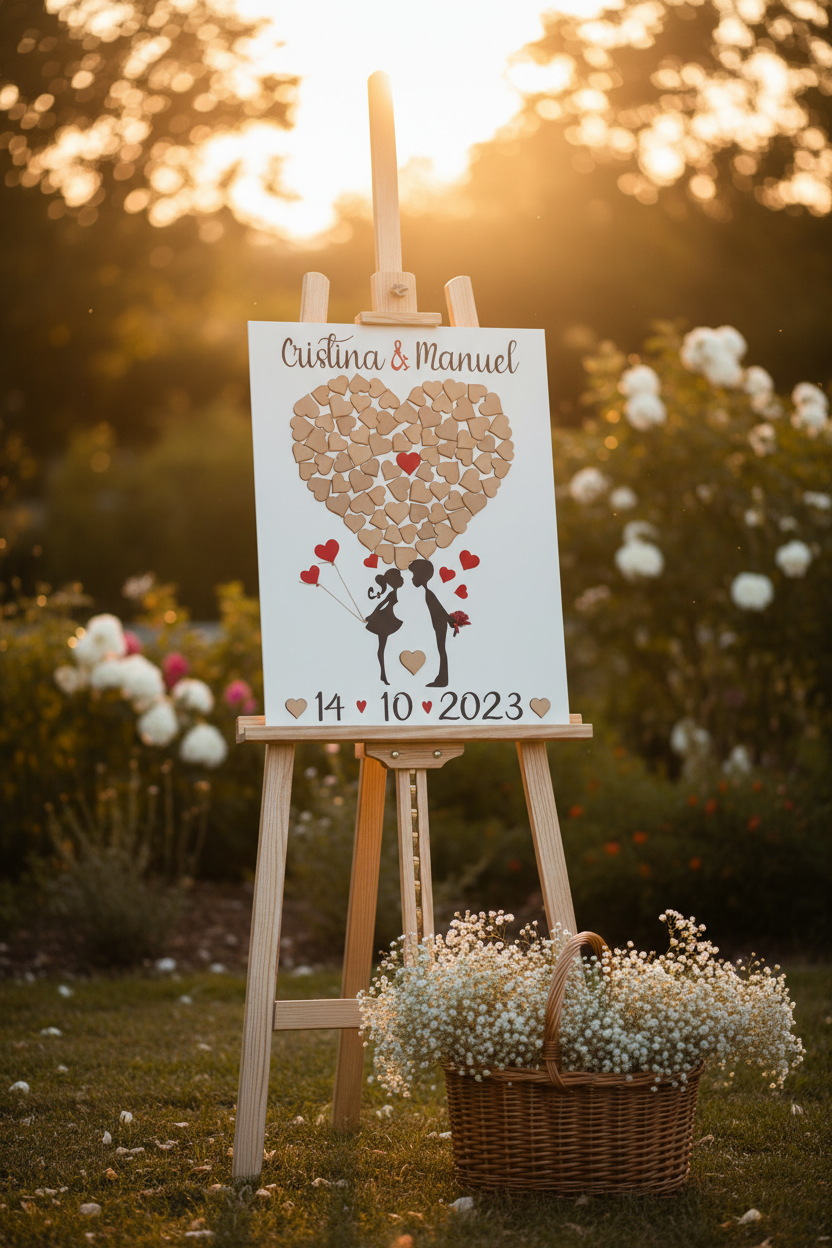 Cartel de firmas de madera personalizado para boda