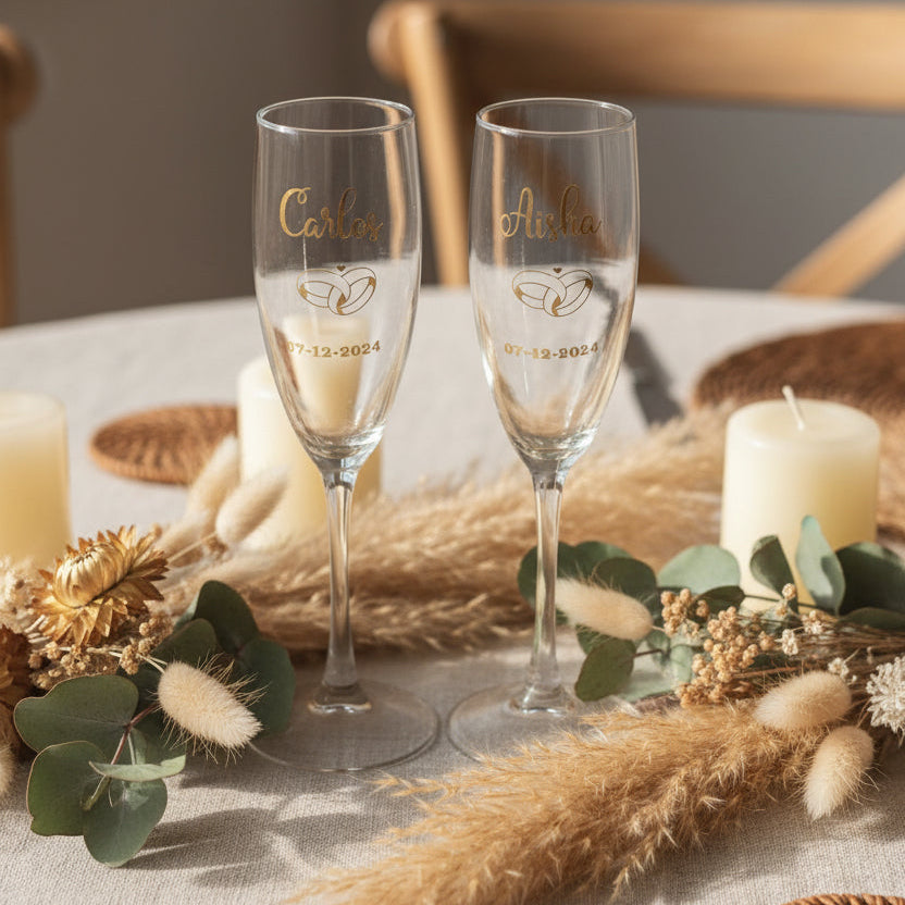 Copas personalizadas con vinilo dorado para boda