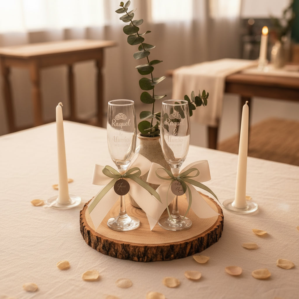 Copas grabadas para boda con chapa personalizada