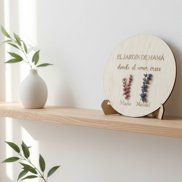 Placa de madera con flor de lavanda personalizada para mamá