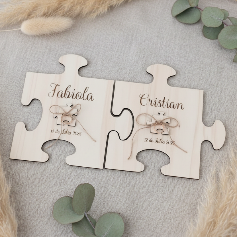 Porta alianzas con forma de puzzle de madera para boda