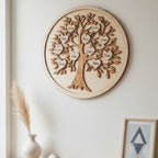 Árbol genealógico de madera con nombres de la familia
